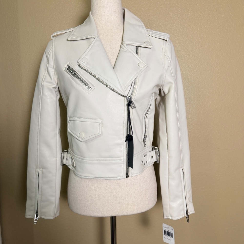 BlankNYC Womens Vegan Leather Moto Jacket Cream Off White Paisley Lining XS NWT